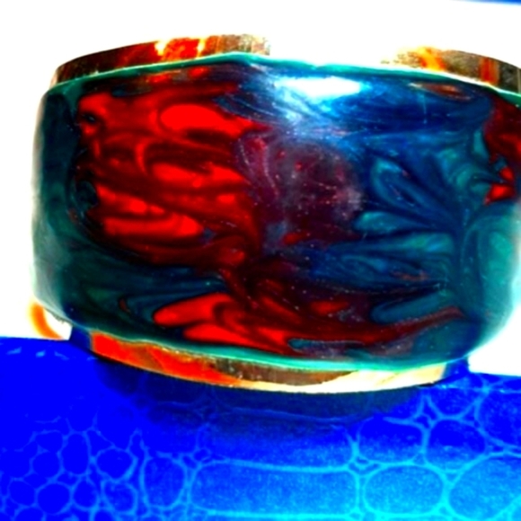 Hand Crafted  Sealed  Red & Blue Silver Plated  Cuff  Bracelet - Picture 9 of 9
